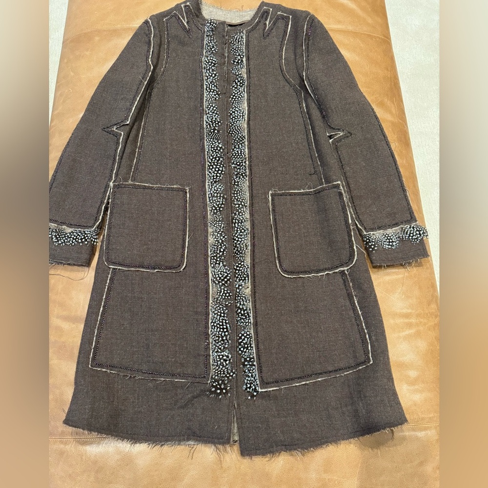 BCBG runway women’s coat color brown with feather size XXS Perfect conditions.